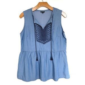 Blue Chambray Talbots Embroidered Peplum Sleeveless Top (NWT)